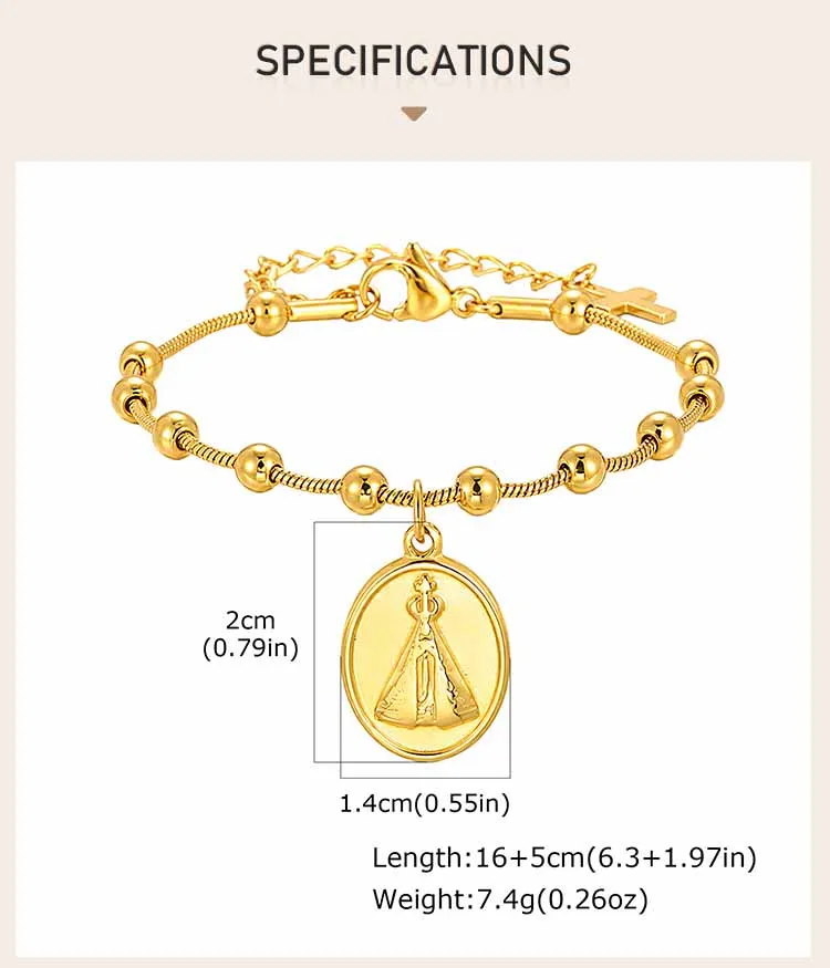 Armband mit Marienmotiv für Damen, 18K vergoldete Edelstahl-Rosenkranz-Kette mit Medaille der Heiligen Jungfrau, katholisches religiöses Geschenk – Detail 3