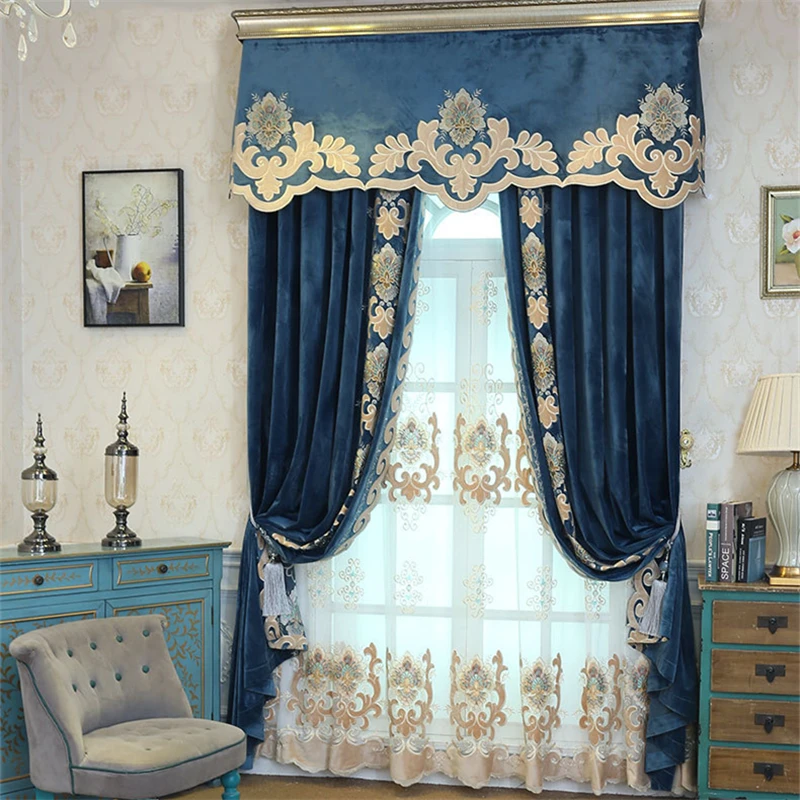 

Custom bedroom luxury solid Italian flannelette embroidered blue velvet cloth blackout curtain tulle valance drape C1692