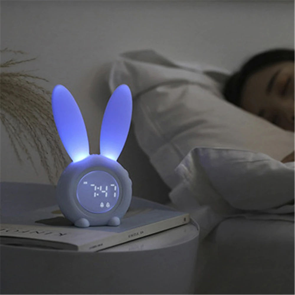 Kids Alarm Clock Cute Rabbit Digital Sound Control Clock for Children Night Light Bedside Clock Sleep Music Snooze Clock for Kid