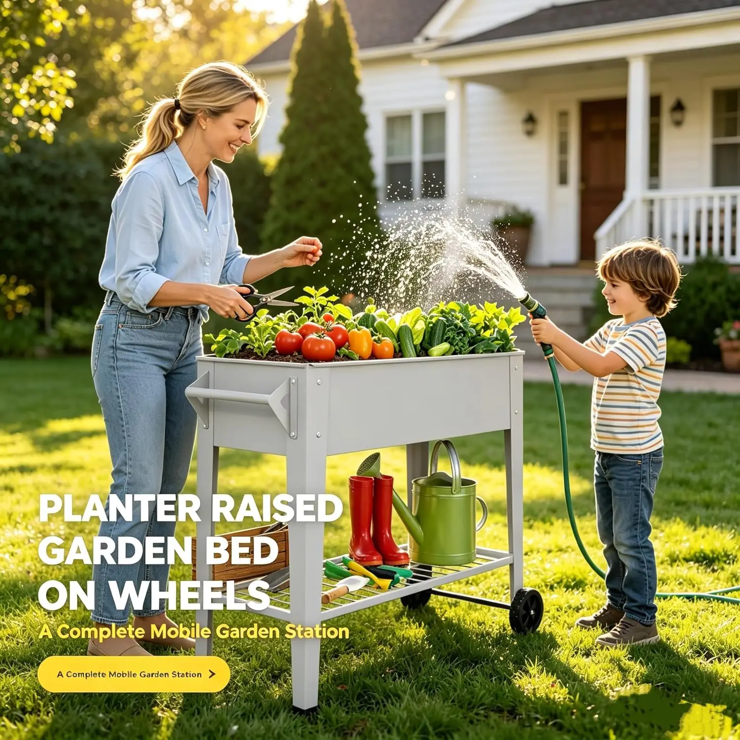 Raised Garden Bed on Wheels 32in Tall Mobile Planter Box for Vegetables Herbs Flowers Patio Backyard with Shelf Heavy Duty view 6