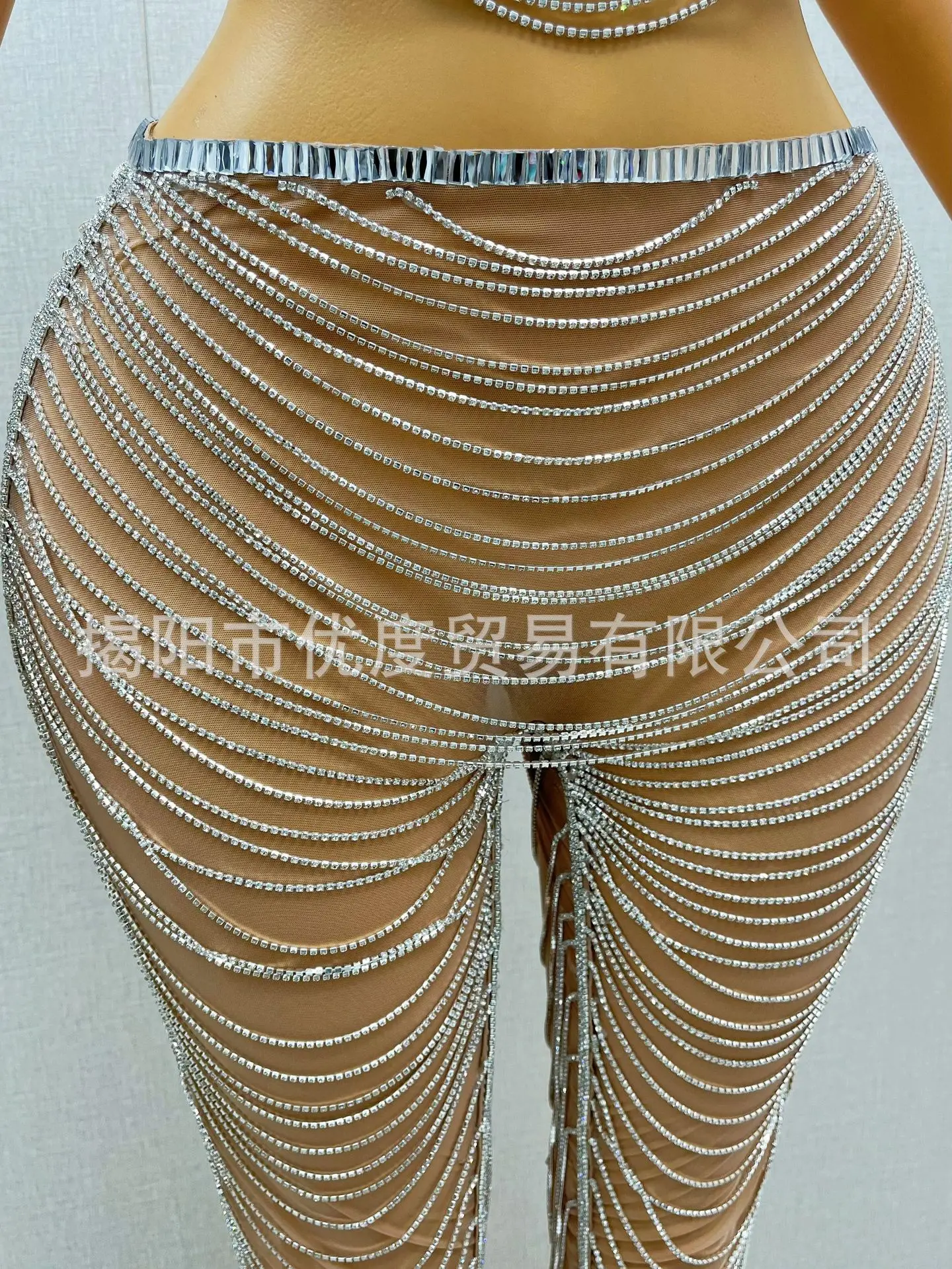 الصناعة الثقيلة الماس سلسلة الرقبة الرسن السراويل مقسمة إلى فستان من قطعتين كوكتيل أداء حفلة البطن جيب Partykleider #5