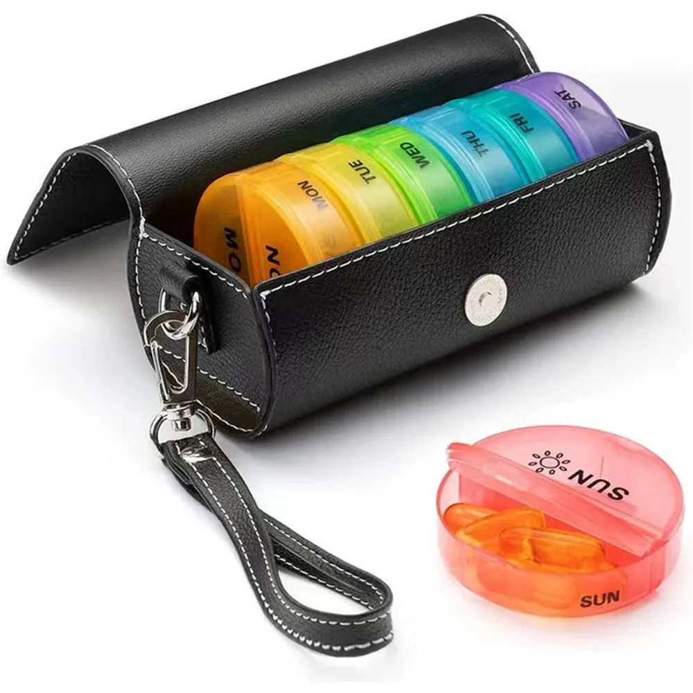 Black cylindrical purse cartridge and dispenser package 7 Days Daily Pill Box for Medicine French Holder Drug Case Weekly Pill O
