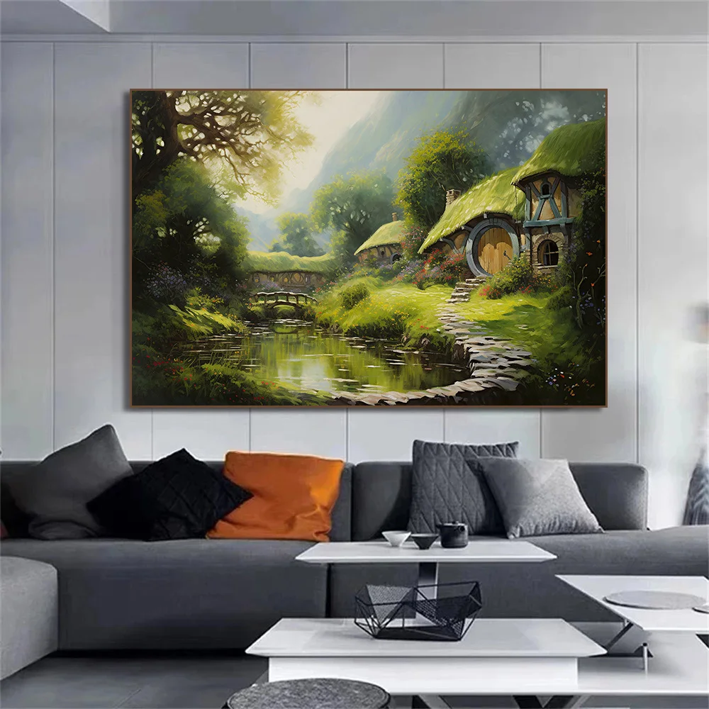 H-Hobbit Casa Pintura em Tela Impressão de Arte, Arte de Parede de Paisagem Shire, Fantasia de Campo da Natureza para Sala de estar Decoração de Casa,