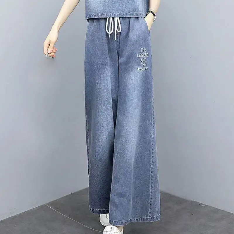 Summer Denim Wide-leg Pants Loose Coat Suit Style Embroidery Fashion Korean Version Two-Piece Set Casual Wear With Women's Wear