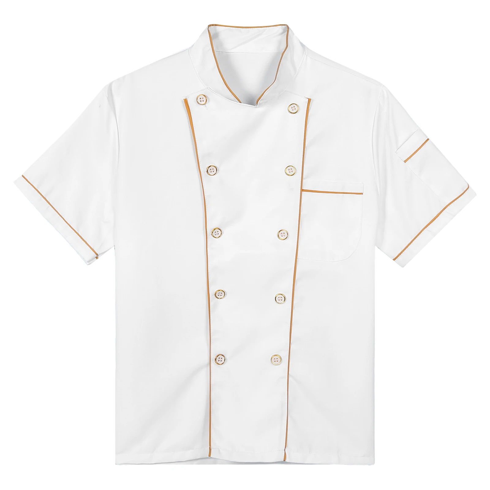 White Mens Womens Contrast Color Trim Chef Jacket Hotel Restaurant Kitchen Bakery Stand Collar Cook Uniform with Pockets Cosplay