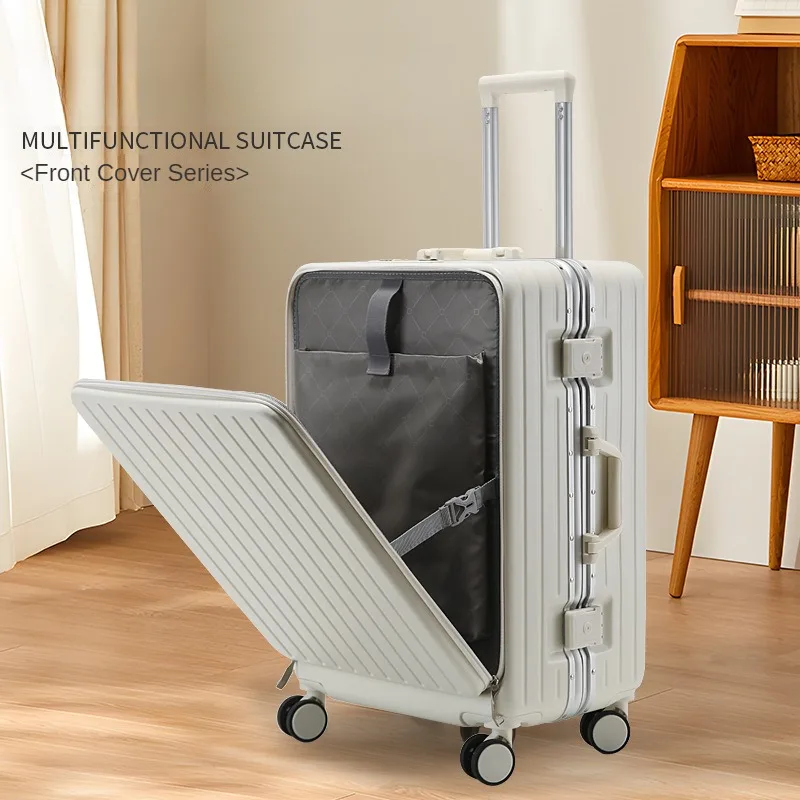 Front Open Cover Aluminum Frame Rolling Luggage 28-Inch Large Size Multi-Function with Charging and Cup Holder Travel products