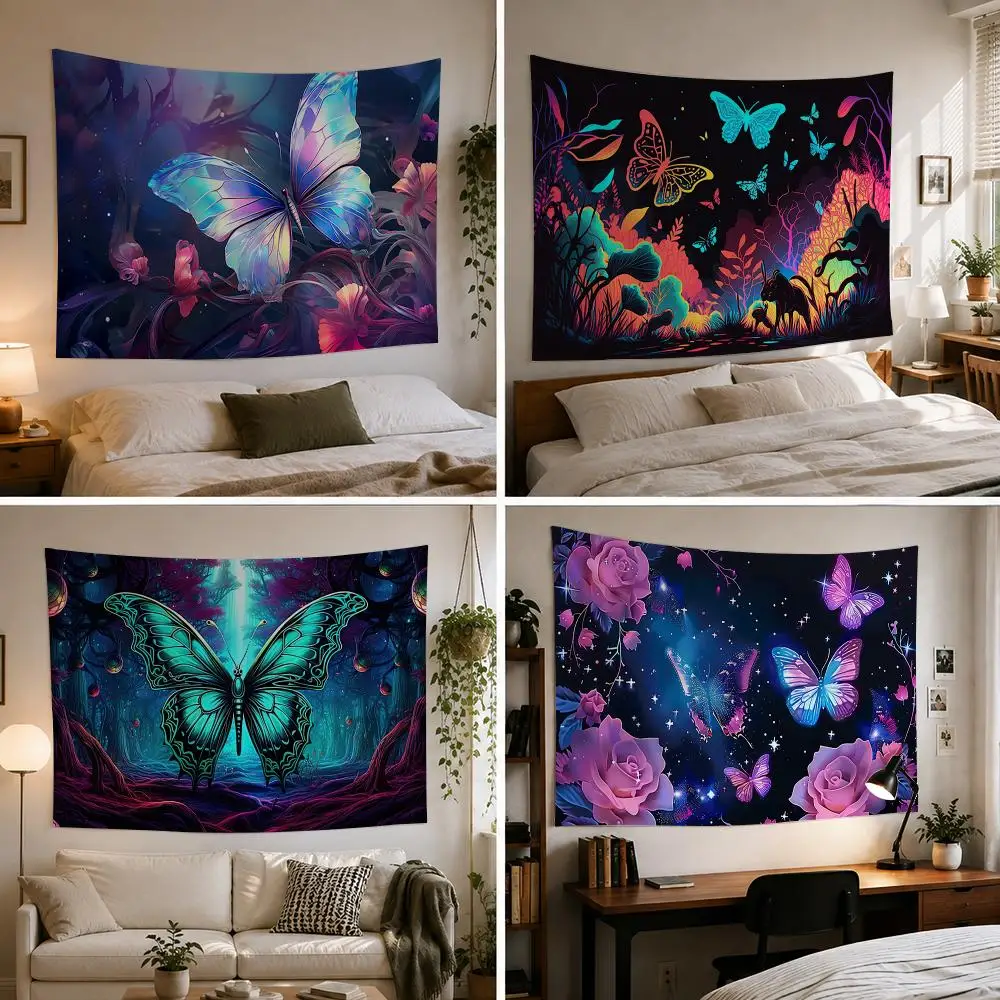 Neon Butterfly Pattern Tapestry Custom Living Bedroom Party Dormitory Interior Wall Bohemian Decoration Attached Clip