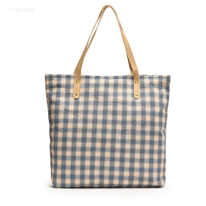 Women's One Shoulder Handbag Tote Bag New Fashion Trend Casual Versatile Large Capacity Commuter Student Plaid Canvas