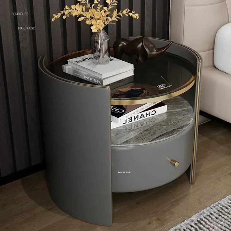 Nordic Light Luxury Slate Nightstands Designer Round Bedside Table Bedroom Furniture Modern Living Room Sofa Glass Side Cabinet