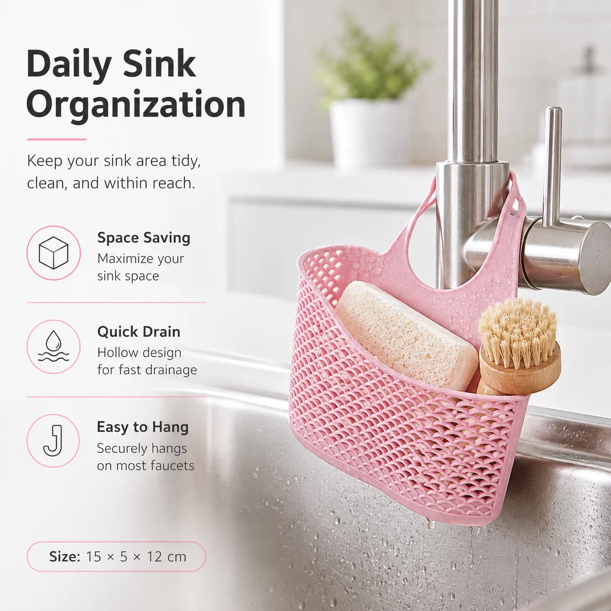 Faucet Sponge Holder, No-Drill Kitchen Sink Organizer Hanging Caddy for Sponge Scrubber Dishcloth