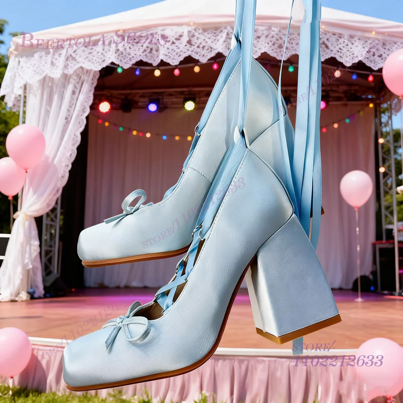 

Blue Silk Ballet Lace-Up Pump Girl Cute Party Square Pink Strappy Sandals Chunky Low Heel Light Skin Silk Black Heels Club Shoes