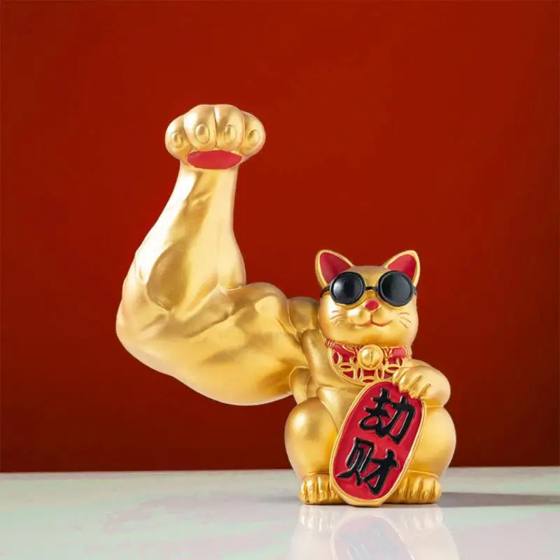 Fortune And Lucky Cat Resin Vigorously Muscle Arm Robber Cat Office Home Decor Living Room Shop Opening Creative Gifts