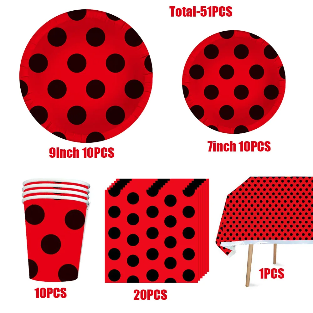 Rot-Schwarze Polka-Dot Marienkäfer Geburtstagsparty Dekorationen Einweg-Geschirr Pappteller Becher Babyparty Mädchen Partyzubehör – Detail 2