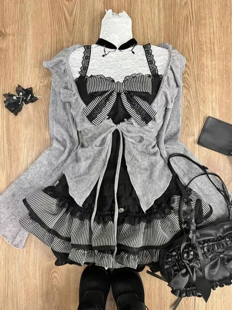 

Sweet Lolita Lace Up Ruffles Cardigan+ Sexy Slim Fit Strapless Vest Tops+ High Waist Ruched Skirts Early Autumn Three Piece Sets