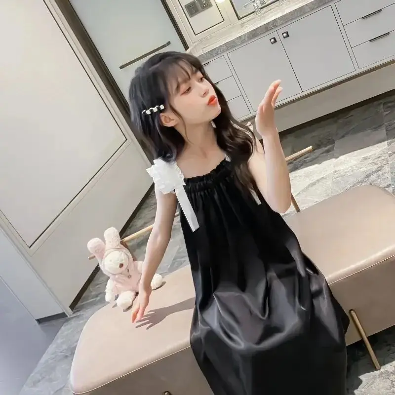 Girls Ice Silk Sling Nightgown Summer Ruffle Strap Sleep Dress Kids Loose Night Dress Teen Big Girl Cool Satin Pajamas Home Wear