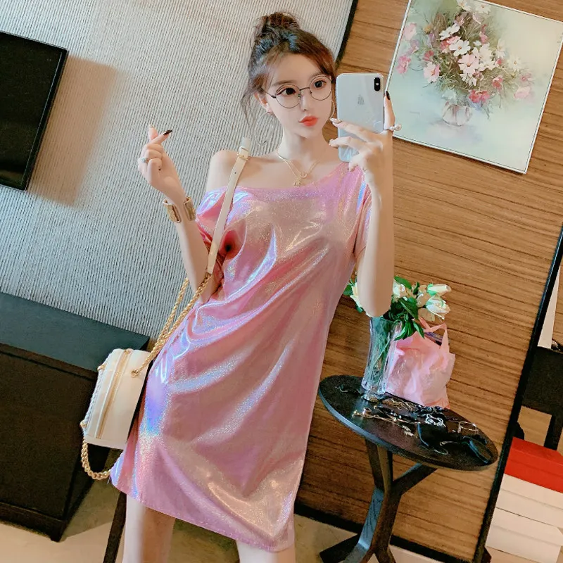 Women Short Sleeve T-shirt Shiny Thread Base Summer Fashion Design Sense Color Changing Glowing Mat Surface T-shirt Top