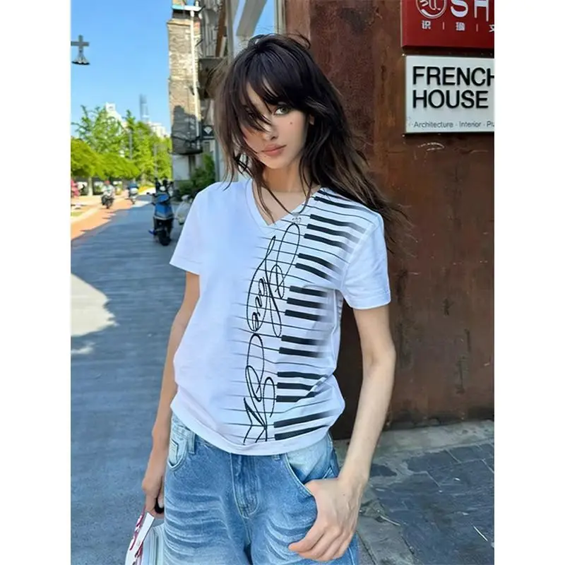 Y2K Vintage Piano Keyboard Print V Neck T Shirt Women Music Note Short Sleeve Casual 2026 New Summer Fashion Streetwear Tees
