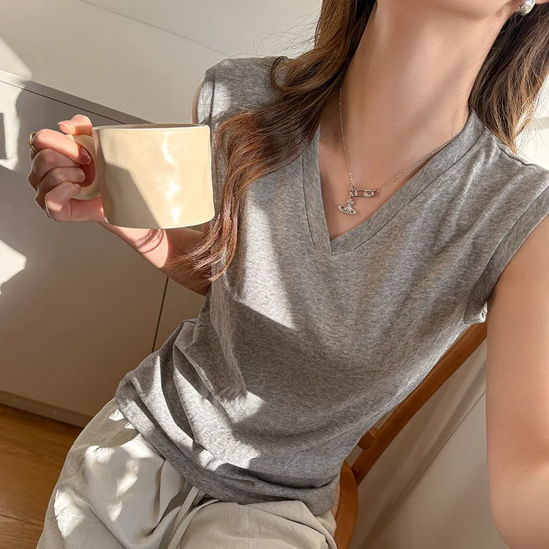 Pure Color V-Neck Strapless Tank Top Women's Summer New Style Inner Wear Sleeveless High-End Feeling Casual Versatile Top