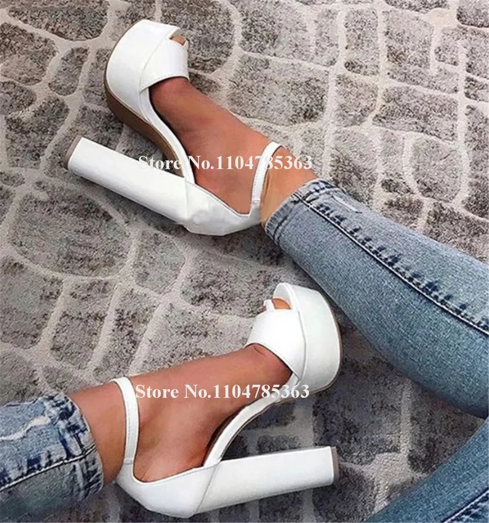 

Women Elegant White Matte Leather Chunky Heel Sandals Peep Toe High Platform Ankle Strap Thick Heel Party Shoes