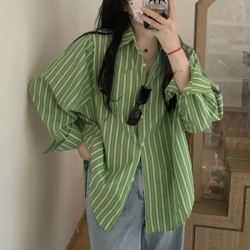 DAYIFUN-Fashionable Women's Vertical Striped Shirts,Loose Long Sleeve Shirt with Pocket,Korean Button Decoration Lady's Thin Top