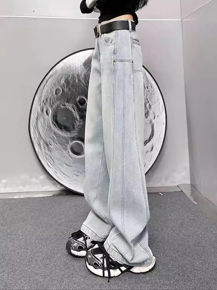 Dżinsy plus size, ciepłe, damskie, z wysokim stanem, proste nogawki, luźne, szerokie spodnie dla figury typu gruszka, plus size, efekt wyszczuplający.