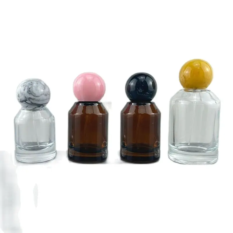 

Glass Spray Mist Bottle Round Ball Cover Empty 30ml 50ml 100ml Brown Think Bottom Fragrance Crimp Pump Clear Perfume Bottles