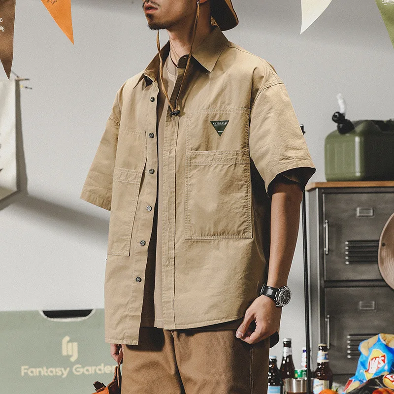 Summer Men's American Work Short Sleeved Shirt Elegant Turn Collar Loose Male Blouse Shirt