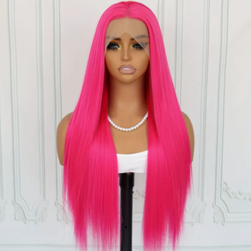 Pelucas frontales de encaje sintético rosa fuerte, fibra resistente al calor, perfectas para cosplay, fiestas y uso diario