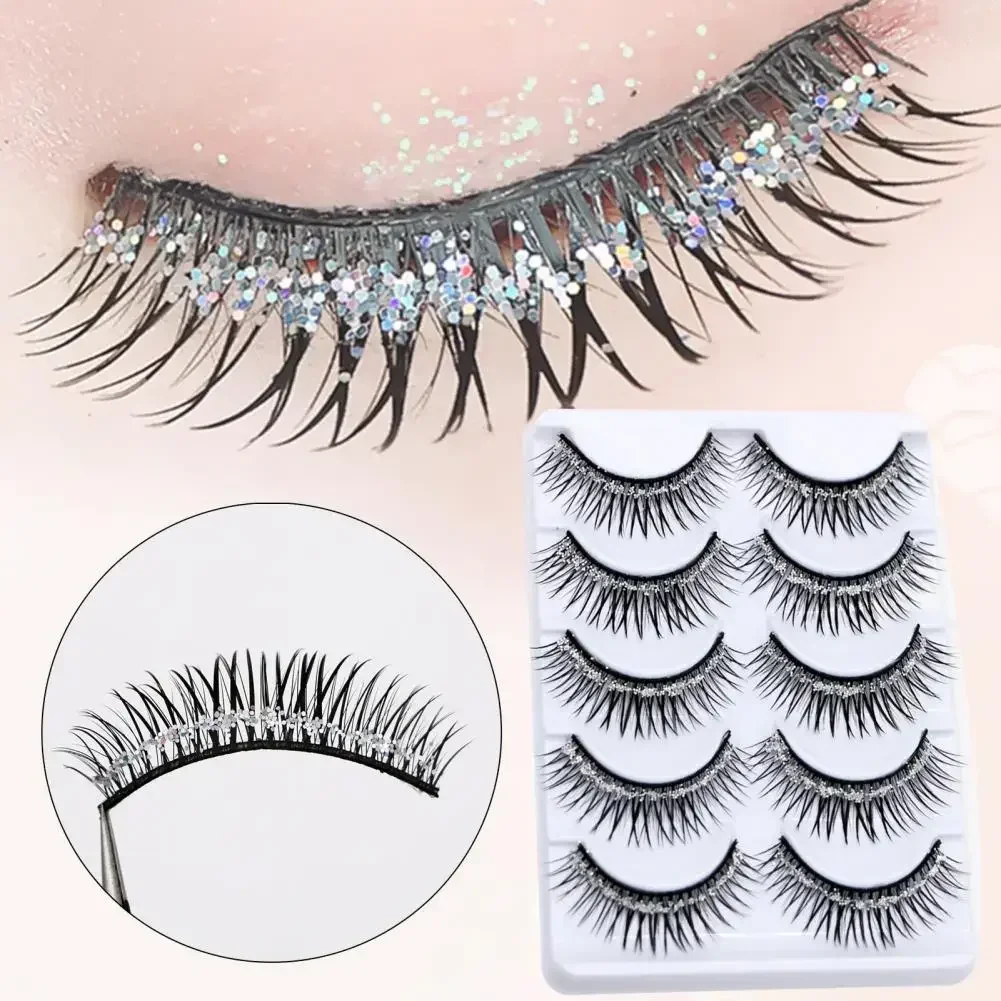 5 Pairs Simulation Eyelashes Natural Curl Shiny Extend Lashes Man-made Fibers Glitter Sequins Thick False Eyelashes Stage Makeup