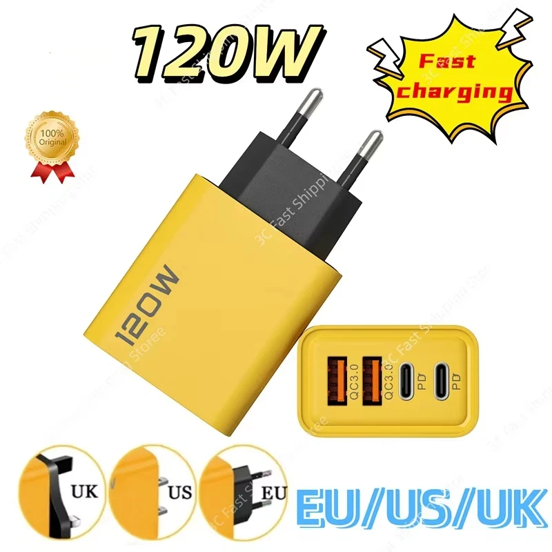 4 Port EU/US/UK Plug 120W Ultra Fast Charger 2USB 2PD Flash Charging USB 3.0 Mobile Phone Charger For iPhone Samsung 2026 - náhled 2