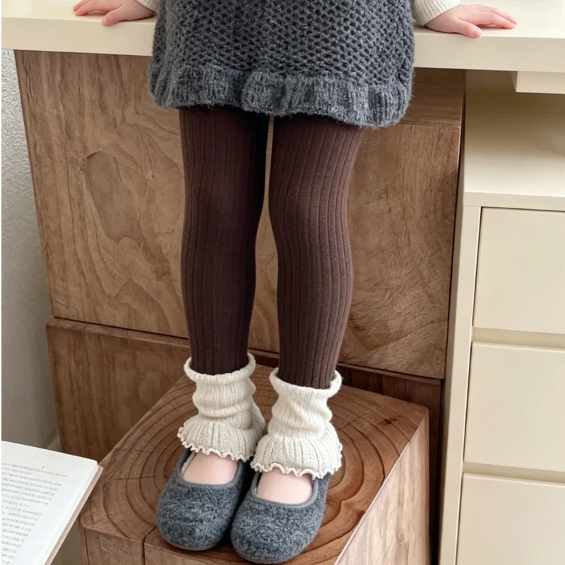 Fashion Elastic Nine-Point Pants for Children Color Block Design Thin Fleece Lined Rolled Cuff Soft Warm Lightweight Daily Wear