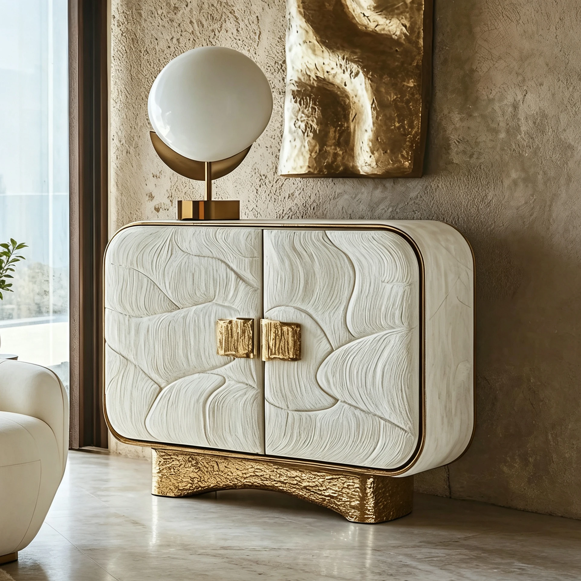 Y*-Carved Wave Pattern Media Cabinet Gloss Golden Frame 2 Door Storage Console for  Showroom Interior