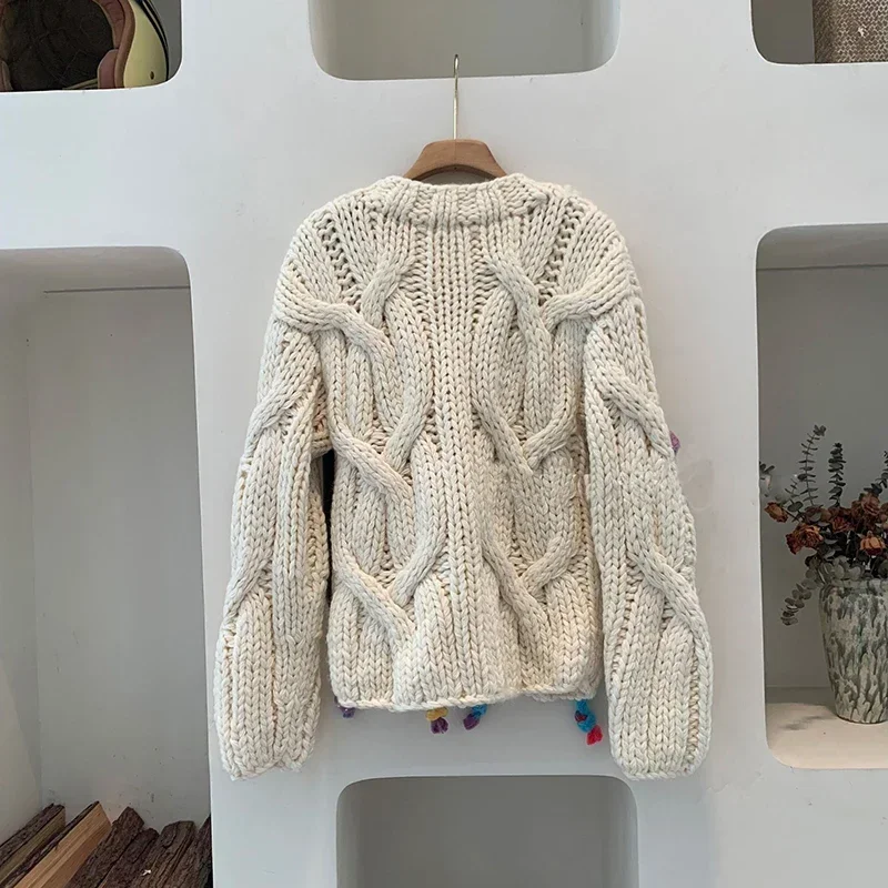 Handmade Colorful Tassel Twist Knitted Zip Cardigan Women 2024 Winter Cable Chunky Sweater Niche Design Jumper