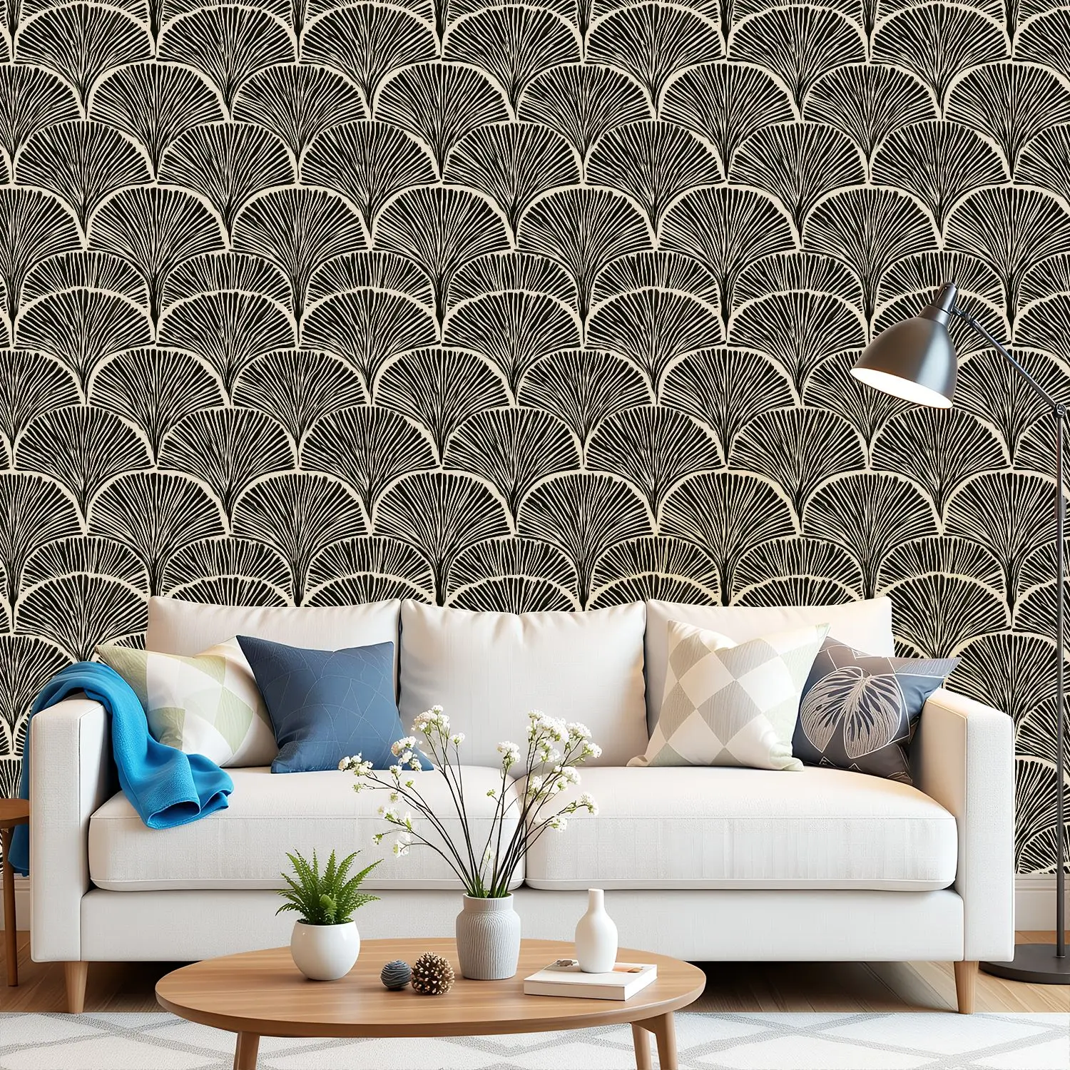 

Черно-бежевые веерные смелые обои 22,83 "X 118" водонепроницаемые обои для гостиной/спальни/ванной комнаты ПВХ стикер на стену