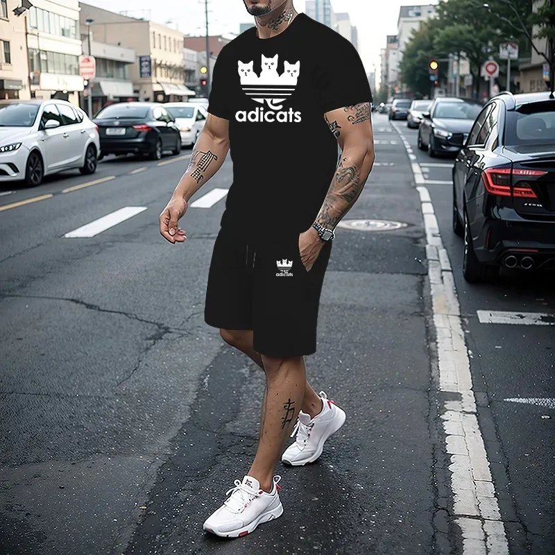 

Men's T-shirt and shorts set running fashion printed short sleeved gym sports T-shirt 2024 summer new item