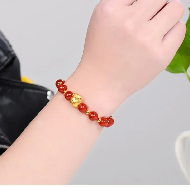 999 New Pure 24K Yellow Gold Bracelet 3D Bless FU Bag & 3mm Lucky Beads Red Agate Beads Chain