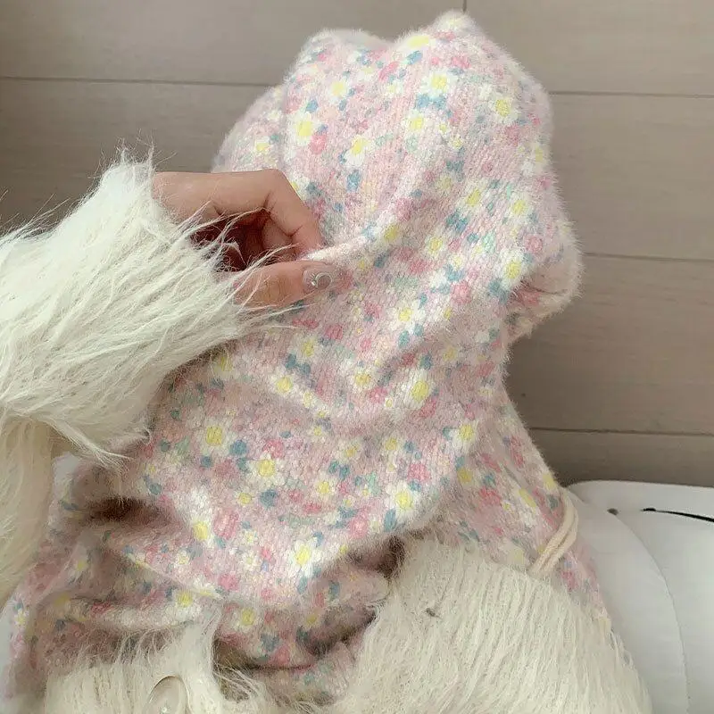 Damenhose, atmungsaktiv, Vintage, weich, Denim, Winter, Herbst, klebrig, rosa, Blumenmuster, hohe Taille, locker, lässig, Fleece, dick, weites Bein