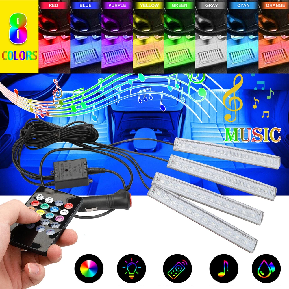 1 Set Universal Car Led Decorative Lamp Car Interior Atmosphere Lighting Car 8 Color Control Lights Auto Light Accessories