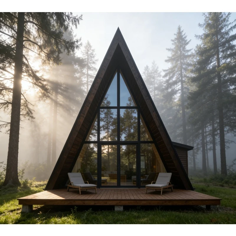 Luxury Resort A-frame Triangle Cabin Steel Structure Double Story with Terrace Wood Appearance Prefab Chalet