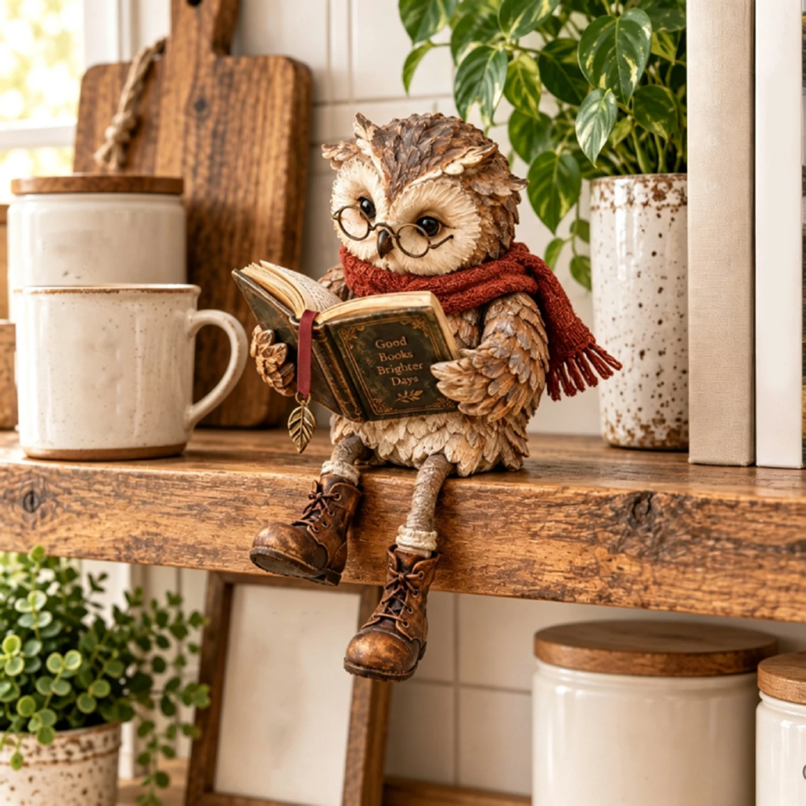 Vintage Owl Reading Statue Resin Scarf Glasses Boots Forest Style Shelf Sitter Decor