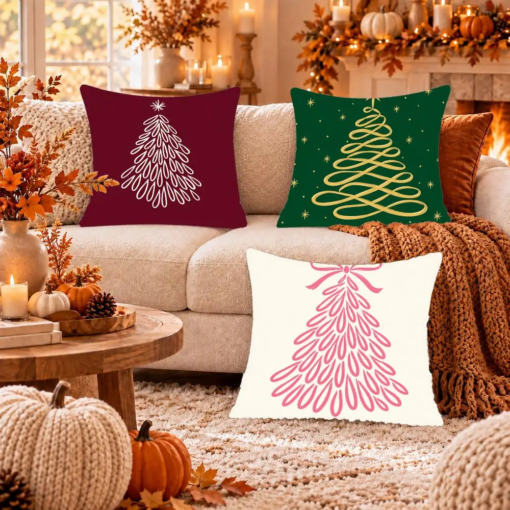 Ribbon Christmas Tree Cushion Cover Soft Short Plush Pillow Cover Smooth Cozy Texture Cushion Case Home Decor