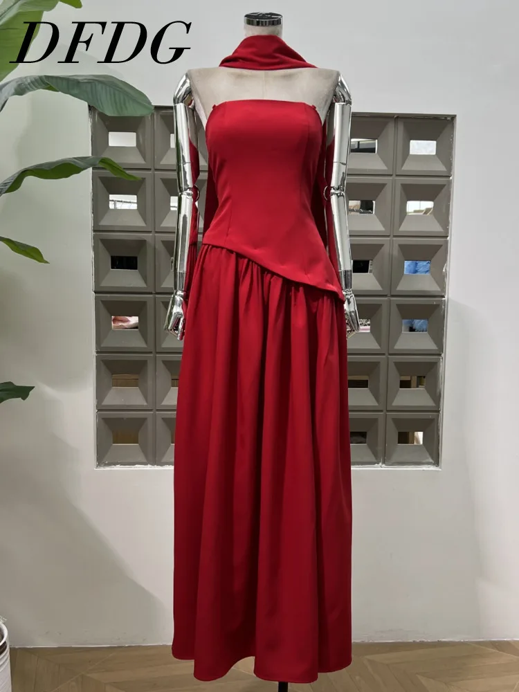 

DFDG женское дизайнерское двухсекционное платье-труба 2025, лоскутное вечернее платье с завязками и высоким разрезом для весенне-летнего платья