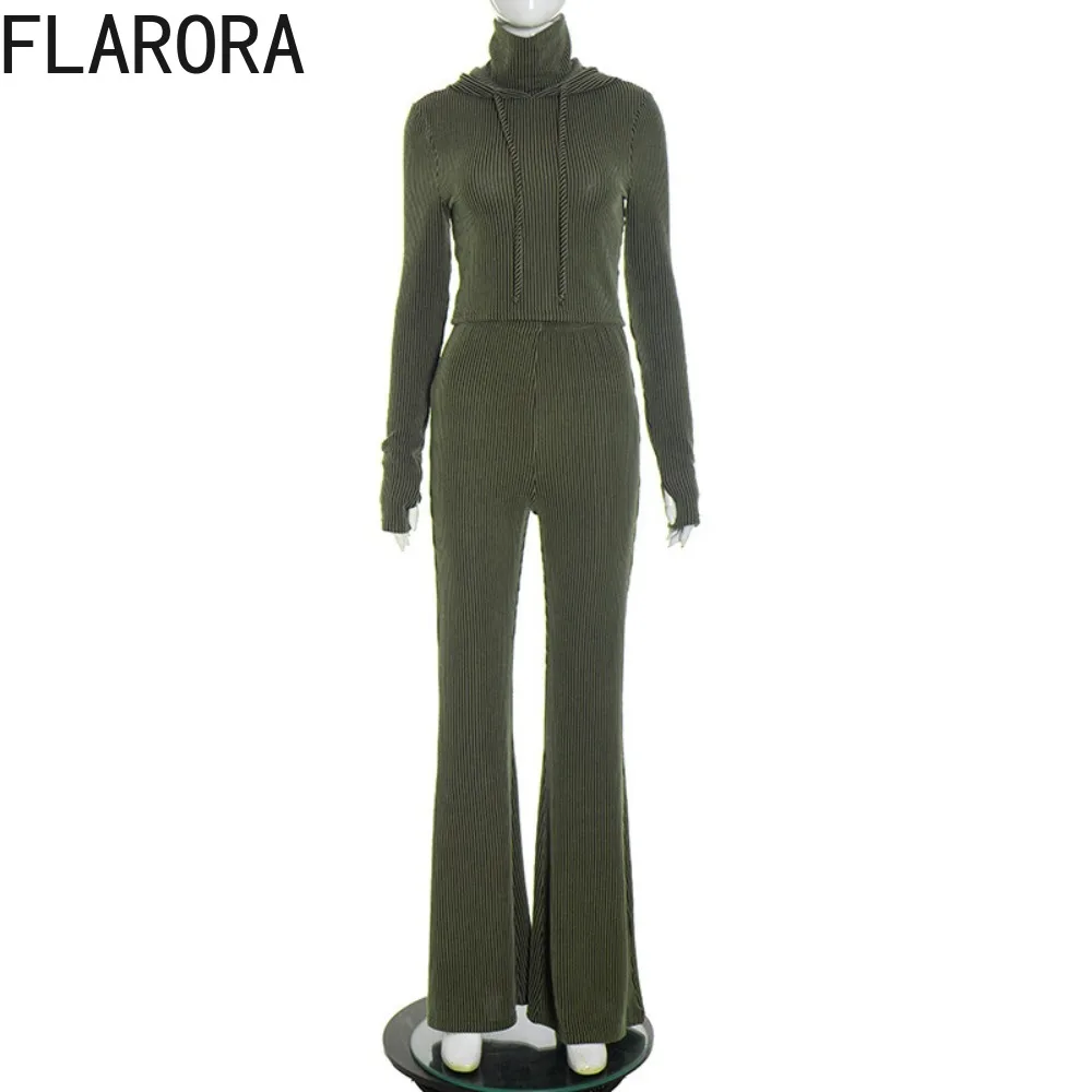 FLARORA 가을 캐주얼 스포티 2피스 세트 여성용 스트라이프 긴팔 후드 풀오버와 플레어 팬츠 패션 스트리트 트랙수트