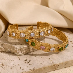E.B.belle Luxurious Tin Foil Texture AAA Oval Zircon Cuff Bracelets 18K Gold Plated Bangles Daily Women stainless steel bracelet