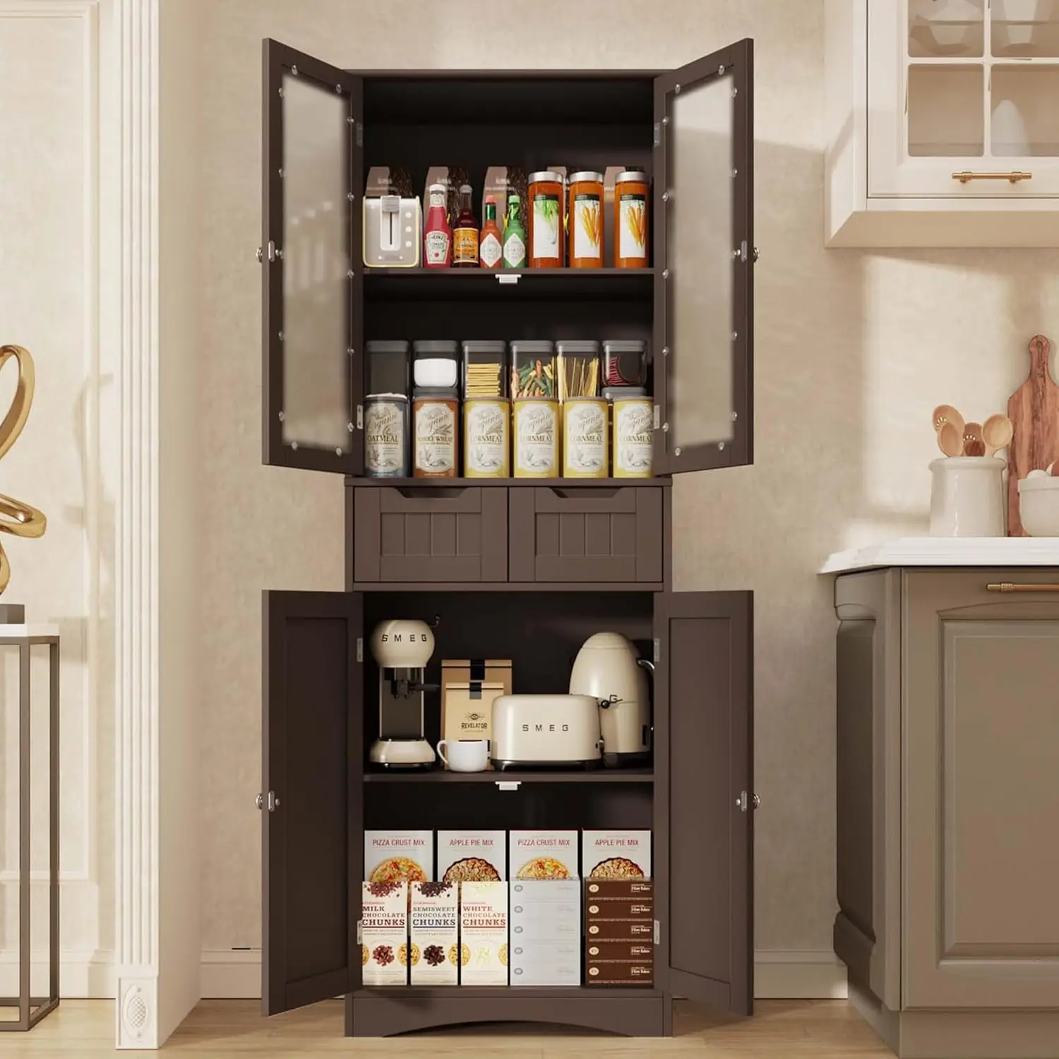 

Gizoon Tall Storage Cabinet with Glass Doors and 2 Drawers, Freestanding Kitchen Pantry Cabinet with Shelves,