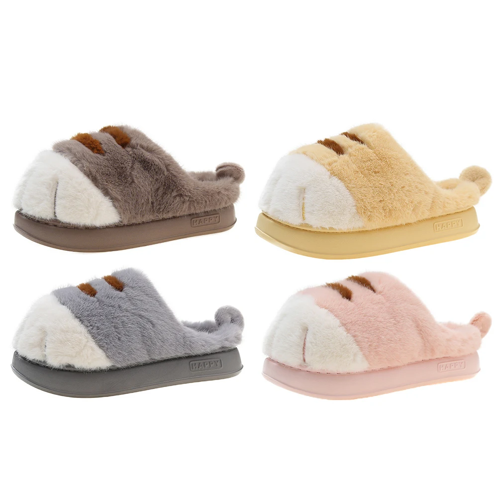 3D Cat Paw Plush Slippers Warm Slip-on House Shoes Anti Slip Flat Thermal Slippers Furry Paw Couple Slippers for Indoor Bedroom