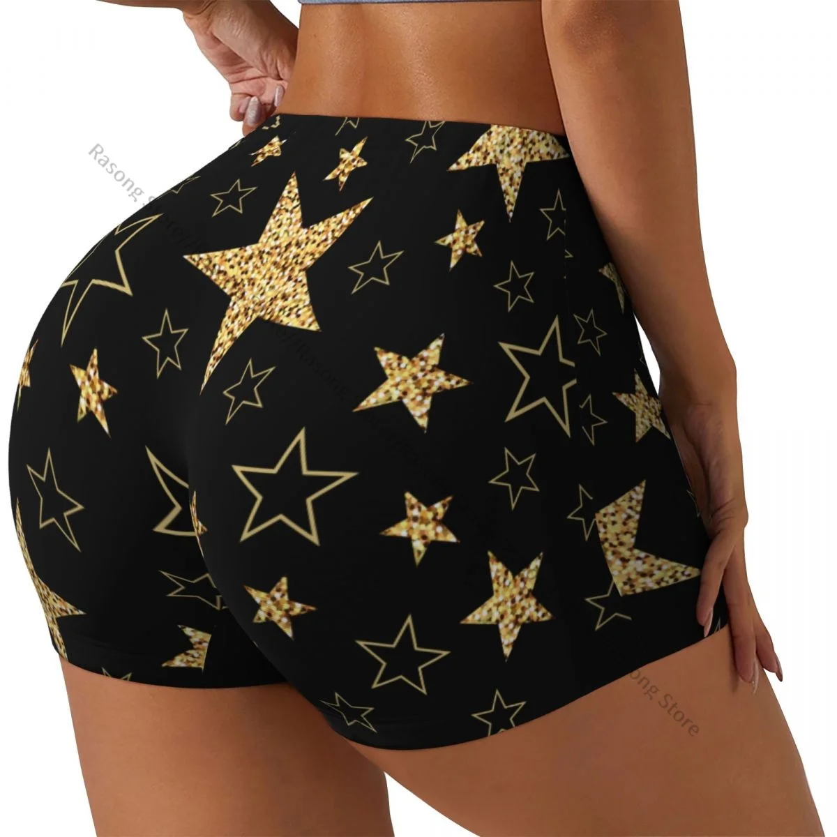 Women Yoga Shorts Golden Stars Black Background Workout Shorts Fitness quick-dry Ladies Yoga Gym Running Short Pants Sportswear