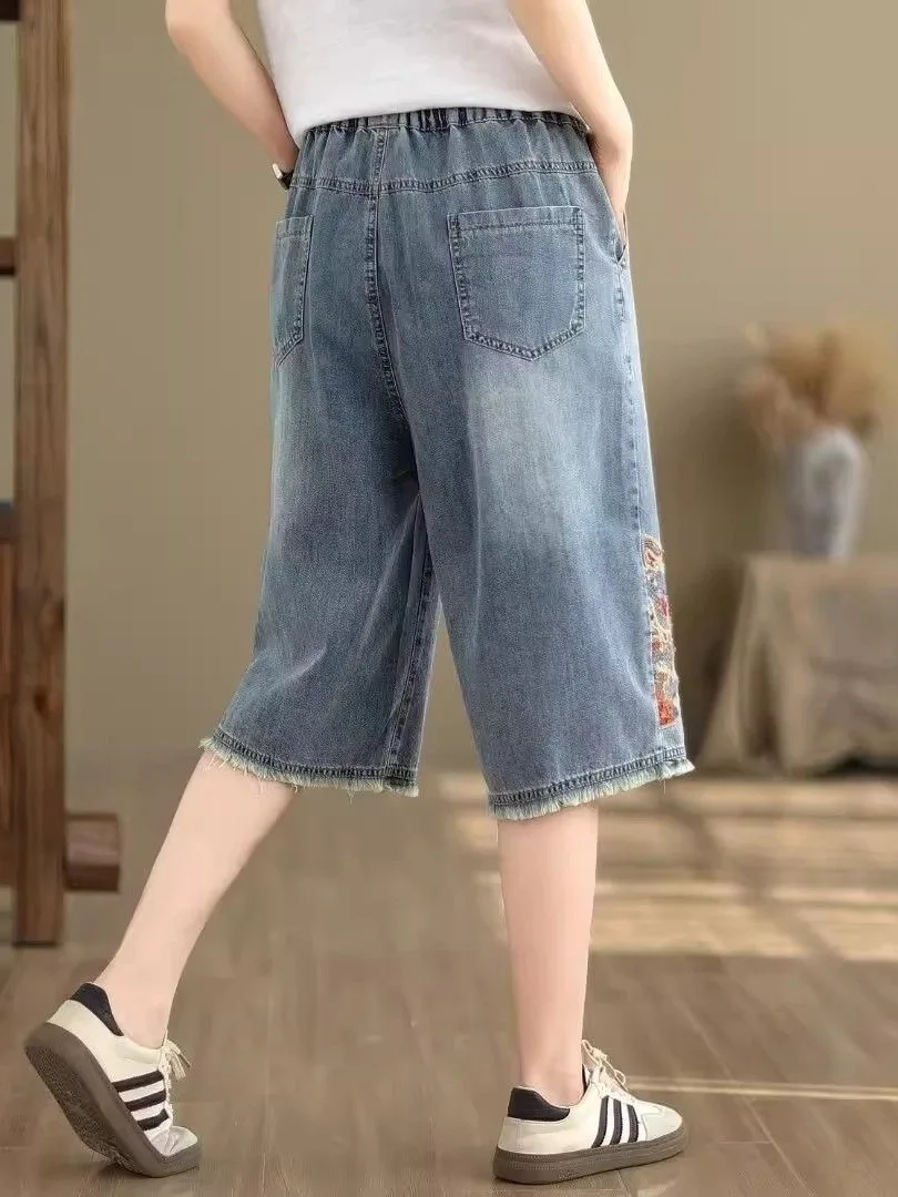 新しい中国風の刺繍スキニージーンズ女性の夏の薄いハイウエストルーズカジュアルワイドレッグパンツ 7-5 ブーツカット