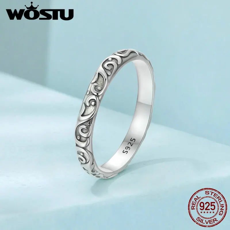 WOSTU Original 925 Sterling Silver Patterned Ring Vintage Ring for Women Fine Jewelry Grand Luxury Party Daily Gift Ring FIR1031