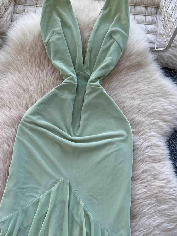 Foamlina عميق الخامس الرسن عارية الذراعين فستان طويل المرأة مثير بلا أكمام سليم بقماش شفاف المرقعة غير النظامية فستان ماكسي لحفلة الصيف